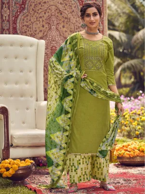 Women's Green Unstitched Cotton Green Suit Dress Material