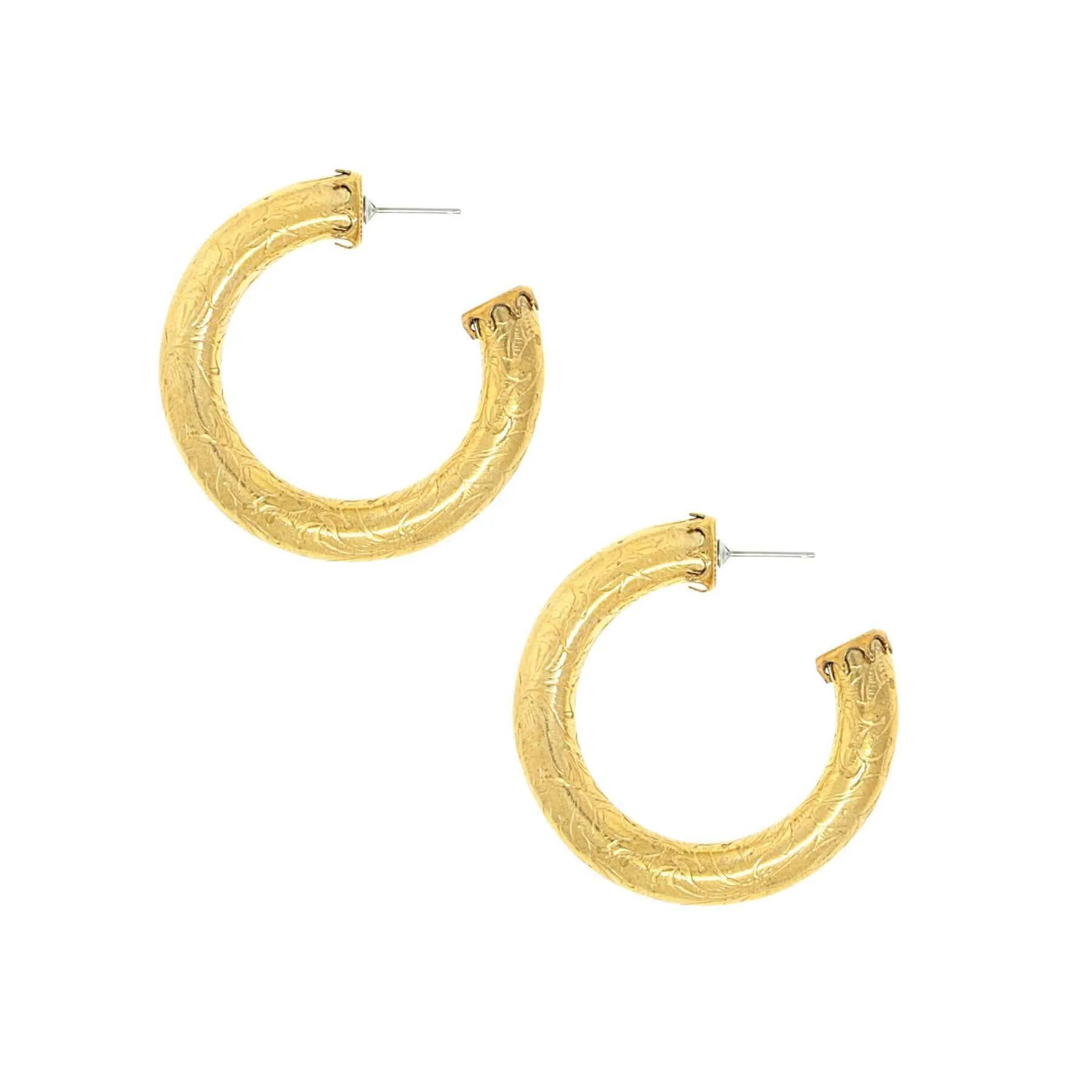 1928 Jewelry Gold Etched Vine Round Hoop Earrings