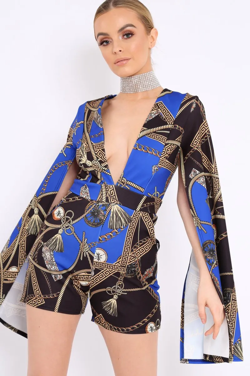 Blue and Black Rope Print Cape Playsuit - Zyona