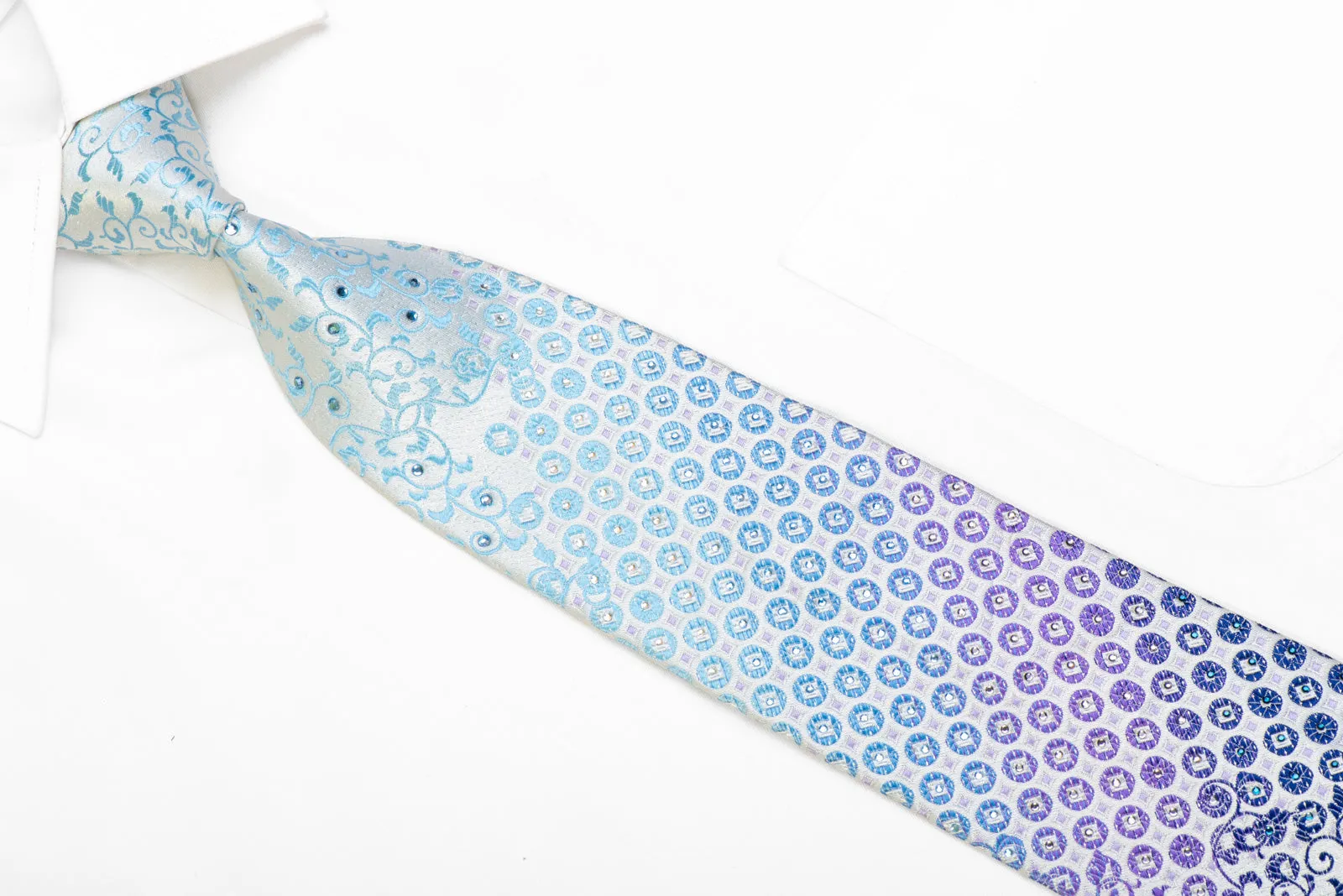 Blue Purple Acanthus Scrolls & Geometric On Pale Blue Rhinestone Necktie