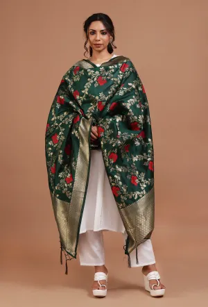 Bottle Green Color Semi Silk Dupatta With Zari Weaving