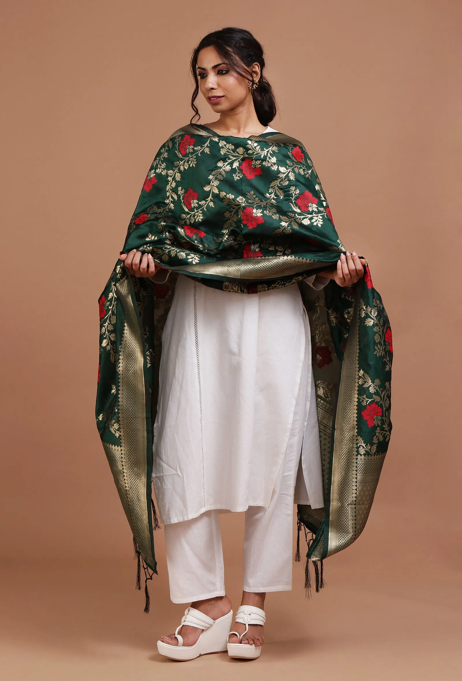 Bottle Green Color Semi Silk Dupatta With Zari Weaving