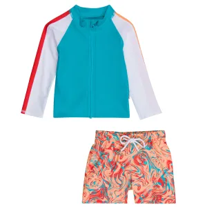 Boys Long Sleeve Zipper Rash Guard and Swim Trunk Set | "Swirl"