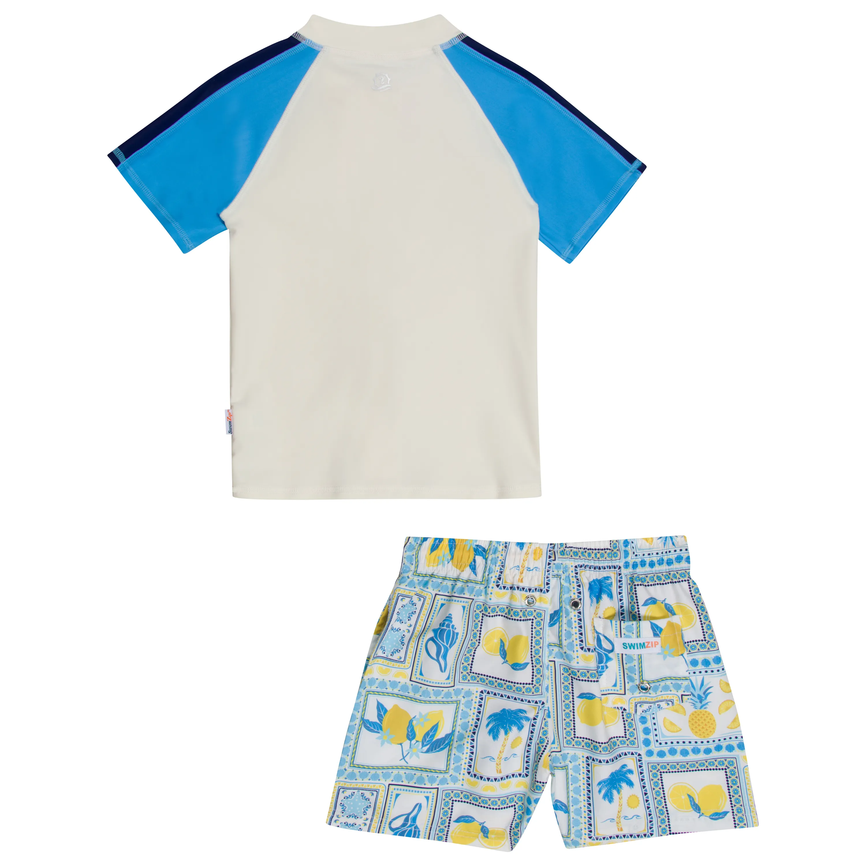 Boys Short Sleeve Zipper Rash Guard and Swim Trunk Set | "Mediterranean Lemons"