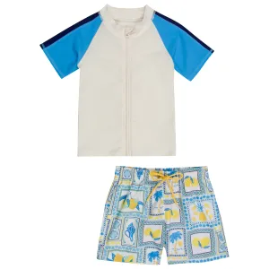 Boys Short Sleeve Zipper Rash Guard and Swim Trunk Set | "Mediterranean Lemons"