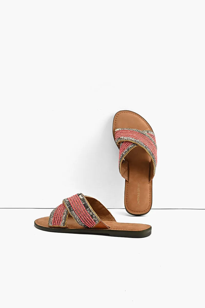 Coral Crush Hand Beaded Slide Sandals