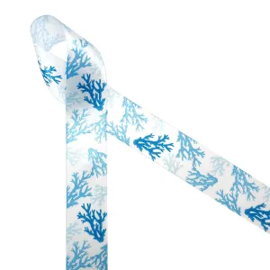 Coral Reef ribbon in blue  printed on 1.5" white satin