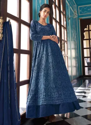 Embroidered Faux Georgette Suit in Navy Blue