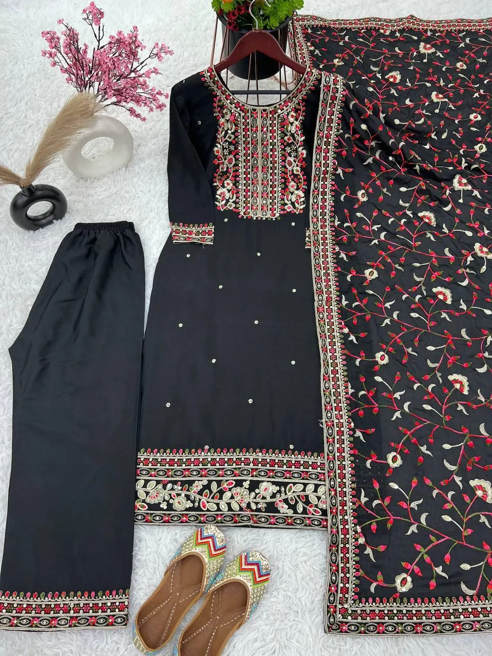 Gorgeous Black Color Pure Chinon Silk Heavy Embroidery Work Palazzo Suits For Women