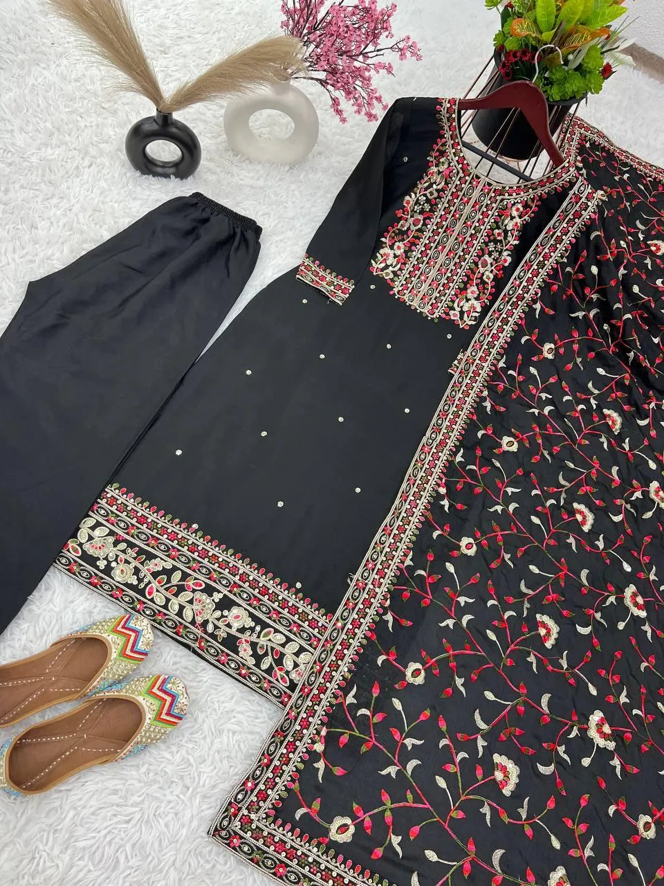 Gorgeous Black Color Pure Chinon Silk Heavy Embroidery Work Palazzo Suits For Women