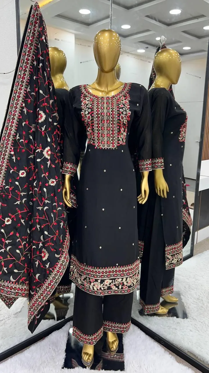 Gorgeous Black Color Pure Chinon Silk Heavy Embroidery Work Palazzo Suits For Women