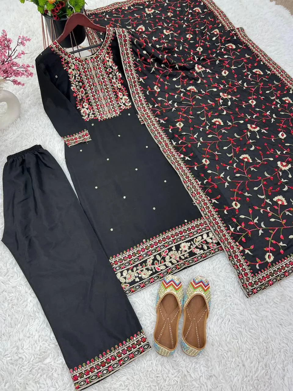 Gorgeous Black Color Pure Chinon Silk Heavy Embroidery Work Palazzo Suits For Women