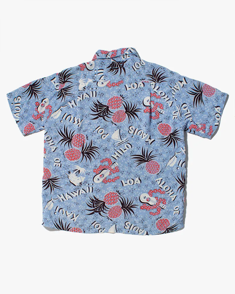 Japanese Repro Shirt, Aloha Short Sleeve, Sun Surf Brand, Blue and Red Pineapples - S