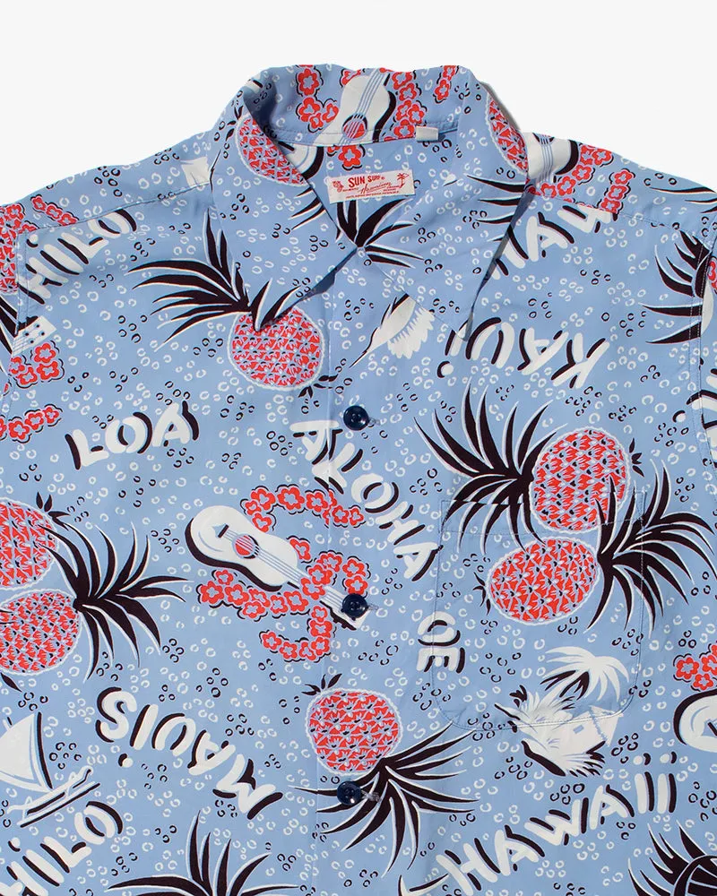 Japanese Repro Shirt, Aloha Short Sleeve, Sun Surf Brand, Blue and Red Pineapples - S