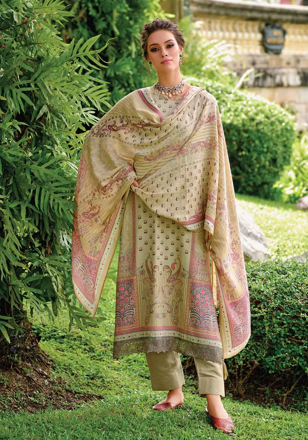 Kilory Green Unstitched Pashmina Winter Suits Material for Women