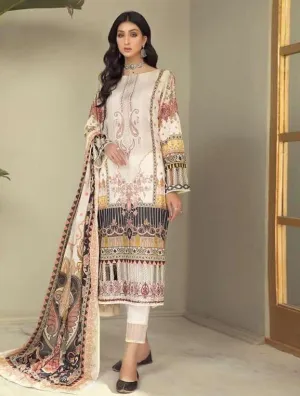 Lawn Cotton Unstitched Off-White Suit Dress Material for Women