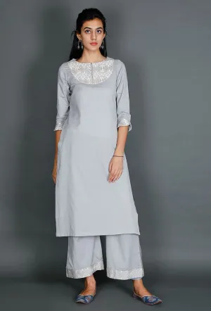 Light Blue Kurta With Kantha Embroidery