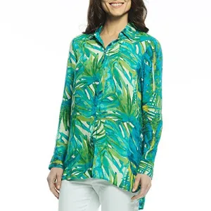 Margaritaville - Watercolor Leaf, Long Sleeve Button Front High Low Hem Blouse