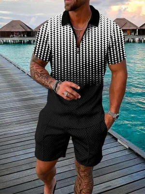 Men's Quality Summer 3D Printed Short Sleeve Lapel Shirt Set