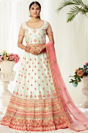 Off White & Pink Thread Embroidered A-Line Lehenga Choli