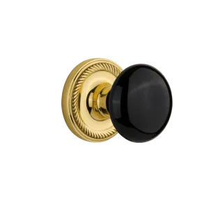 Rope Rosette with Black Porcelain Knob in Unlacquered Brass