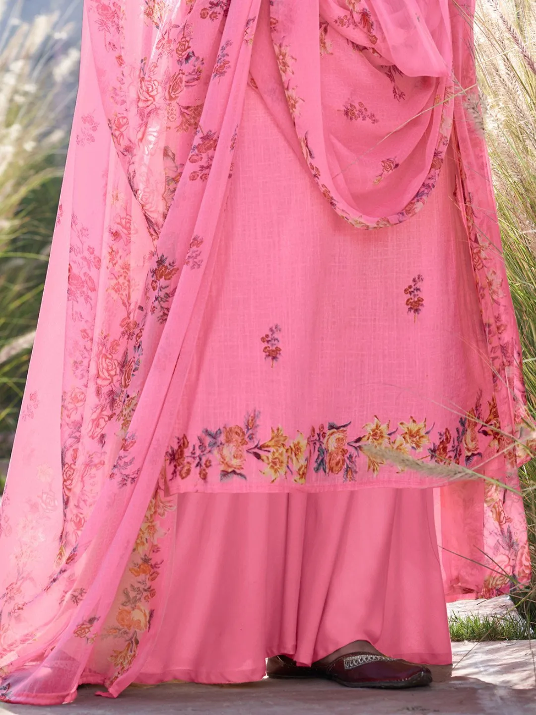 Unstitched Printed Pink Cotton Salwar Kameez Material