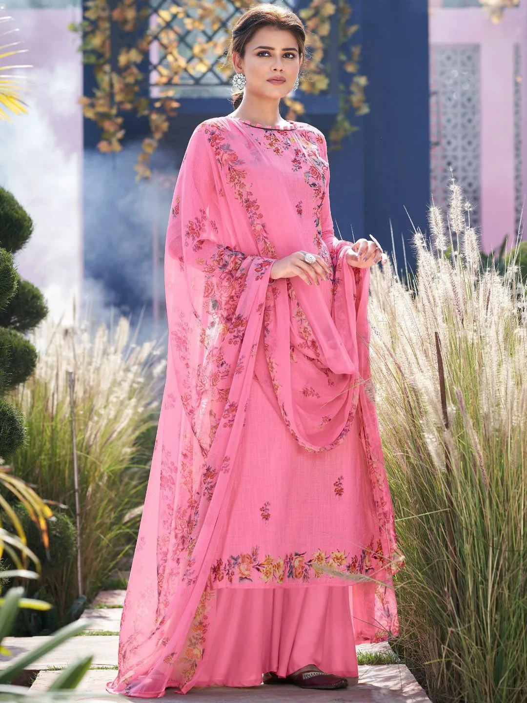 Unstitched Printed Pink Cotton Salwar Kameez Material