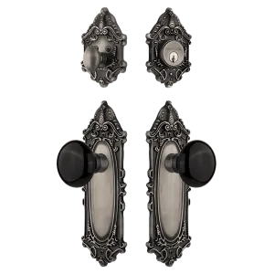 Victorian Entry Set with Black Porcelain Knob in Antique Pewter