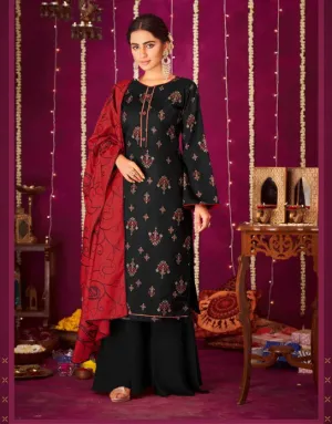 Women's Unstitched Cotton Black Suit Dress Material with Dupatta